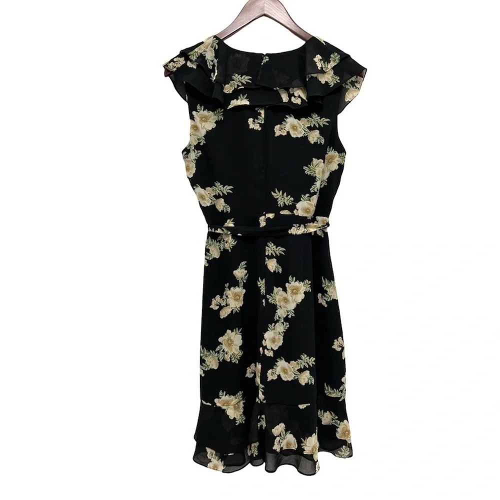 Bardot Floral Print Ruffled Faux-Wrap Cap Sleeve Dress Dark Romantic Size 6 - Picture 5 of 9